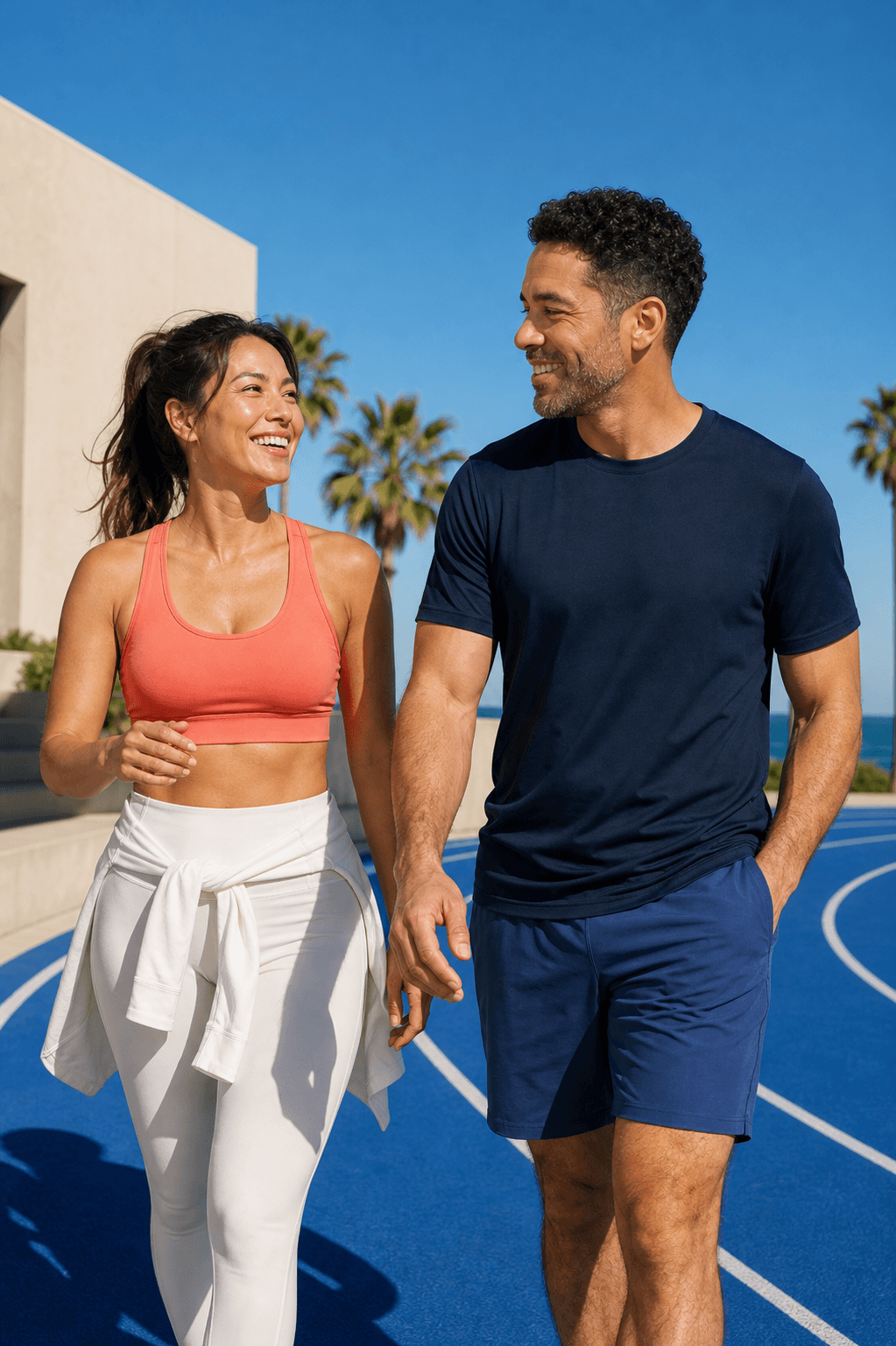 Two active adults on a cobalt running track for the Rebody Health product finder.