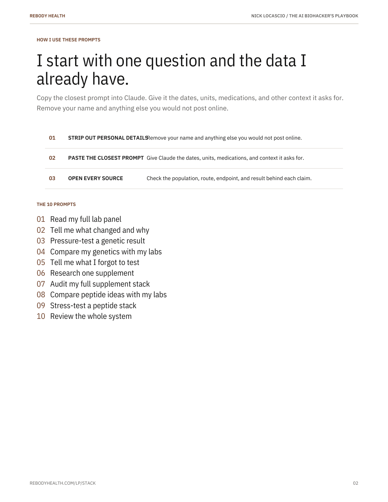 Contents page listing all 10 prompts in The AI Biohacker's Playbook