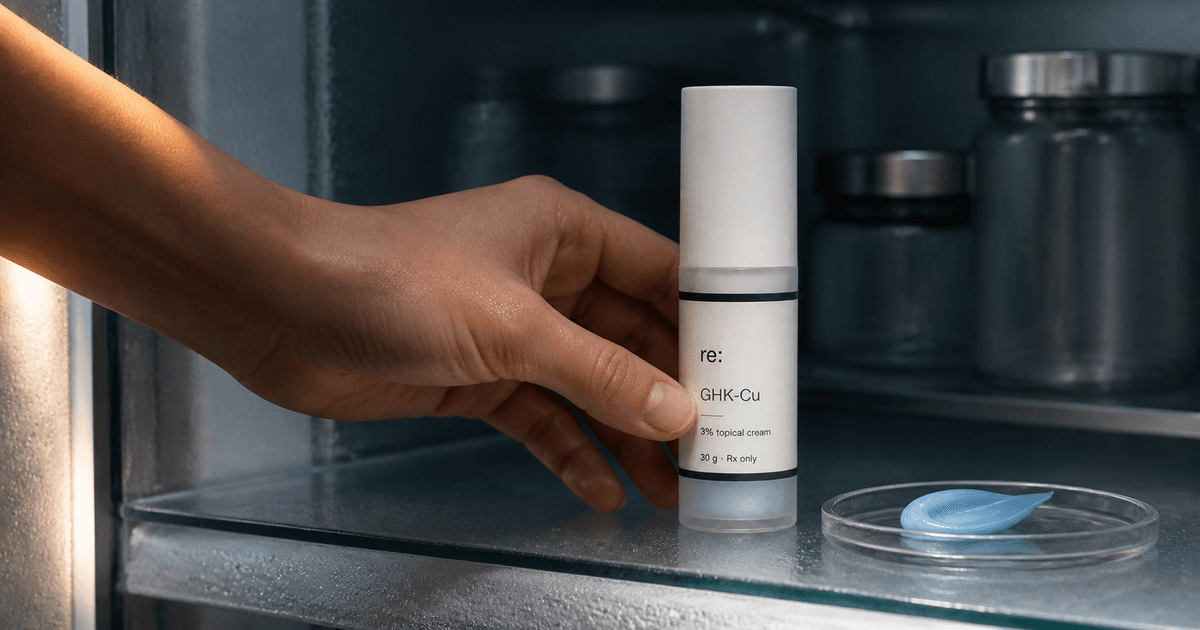 Adult hand reaching for a prescription GHK-Cu 3% cream airless pump on a refrigerated glass shelf