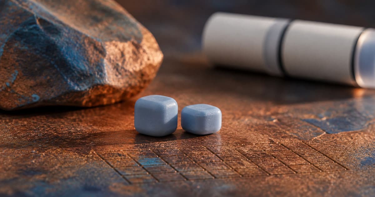 Two mineral-blue GHK-Cu mini troches on copper stone with a cream pump softly blurred behind them