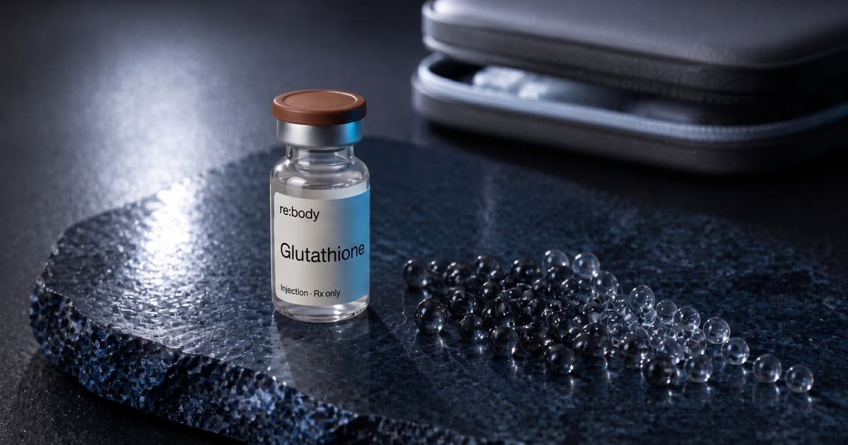 Labelled re:body Glutathione vial beside dark and clear glass beads on a cobalt mineral slab