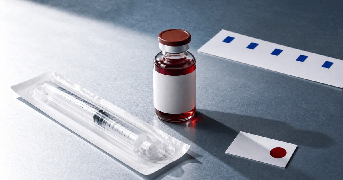Red methylcobalamin B12 vial beside a sealed syringe and abstract weekly testing cues in hard morning light