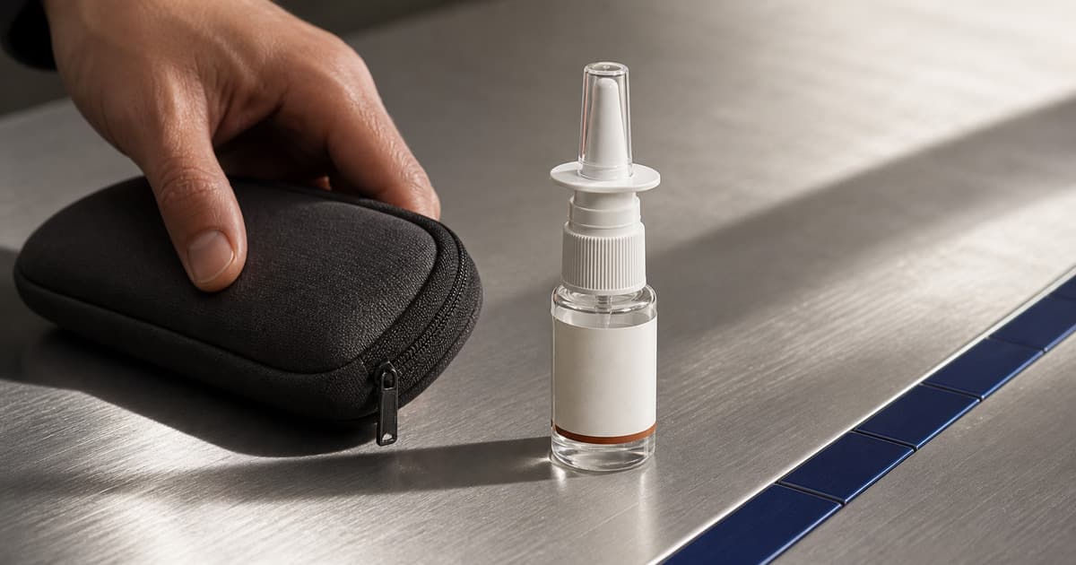 NAD nasal spray bottle beside a closed travel case and cobalt timing strip on brushed metal