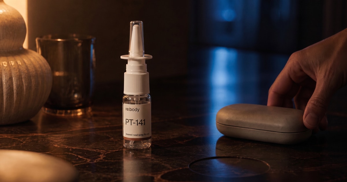 A labelled re:body PT-141 nasal spray bottle on a dark stone counter in warm lamplight.