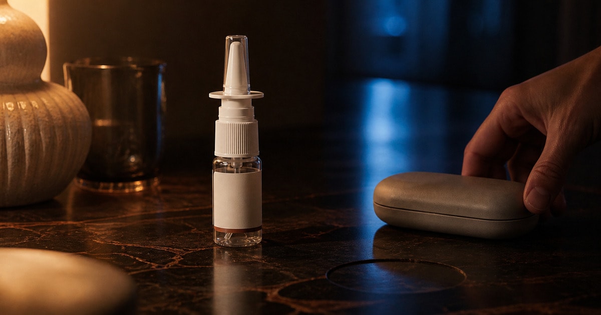 A PT-141 nasal spray bottle on a dark stone counter in warm lamplight.