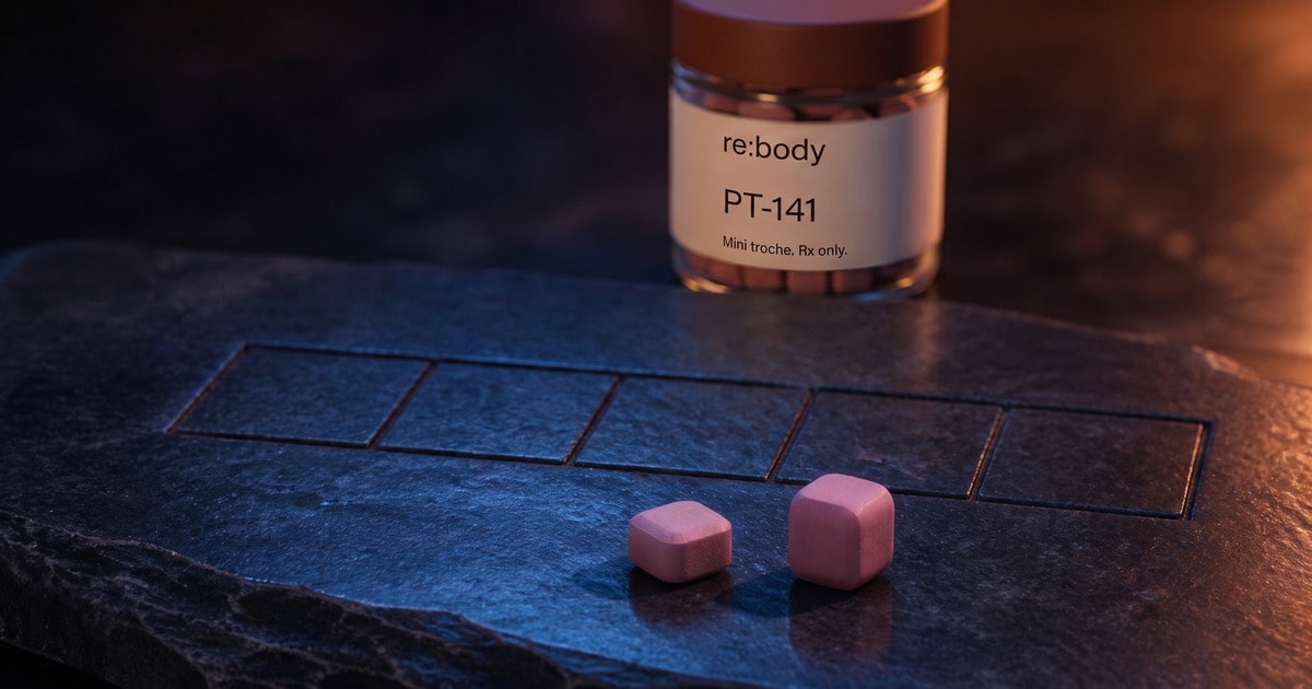 Two rose-coloured mini troches on dark slate beside a labelled re:body PT-141 jar.