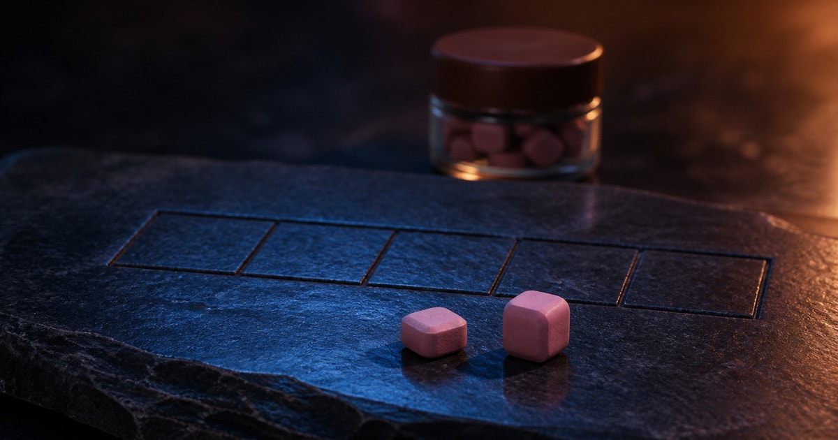 Two rose-coloured mini troches on dark slate beside their jar.