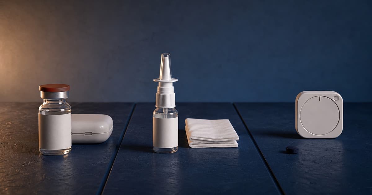 Sermorelin injection vial nasal bottle and mini troche arranged on three cobalt lanes at dusk