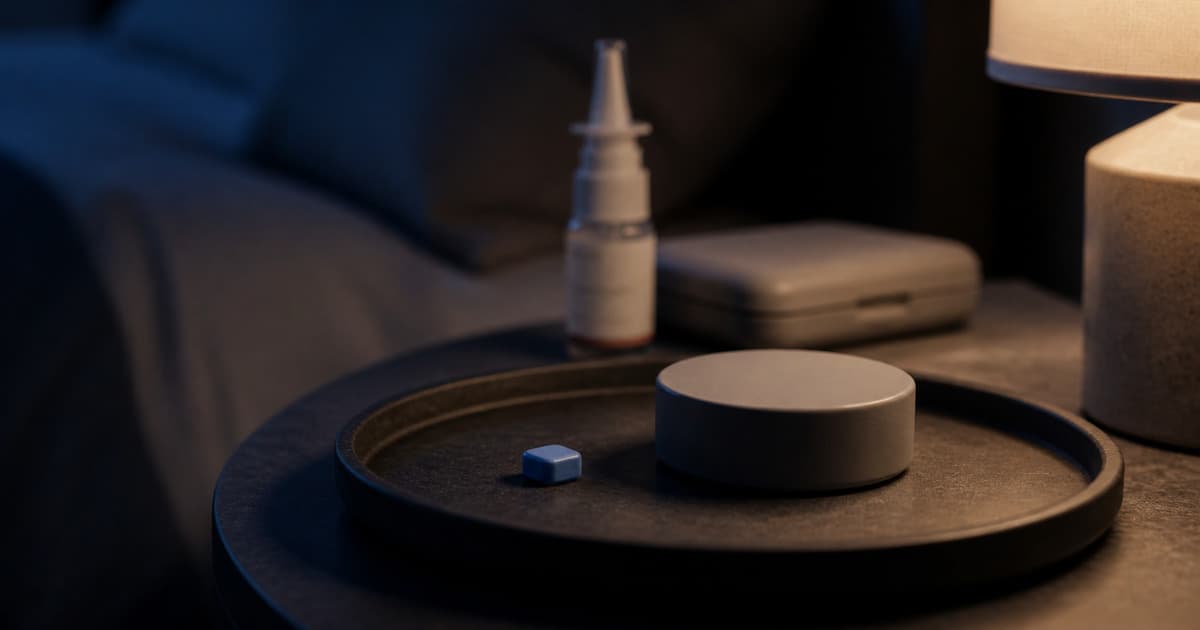 Single blue Sermorelin mini troche beside a blank bedside timer with other routes blurred in the background