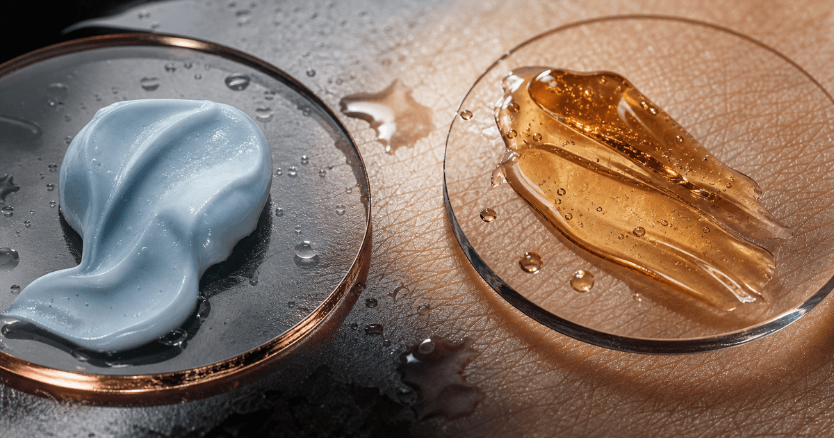 Mineral-blue GHK-Cu cream and amber retinoid gel on separate wet glass planes over real skin texture