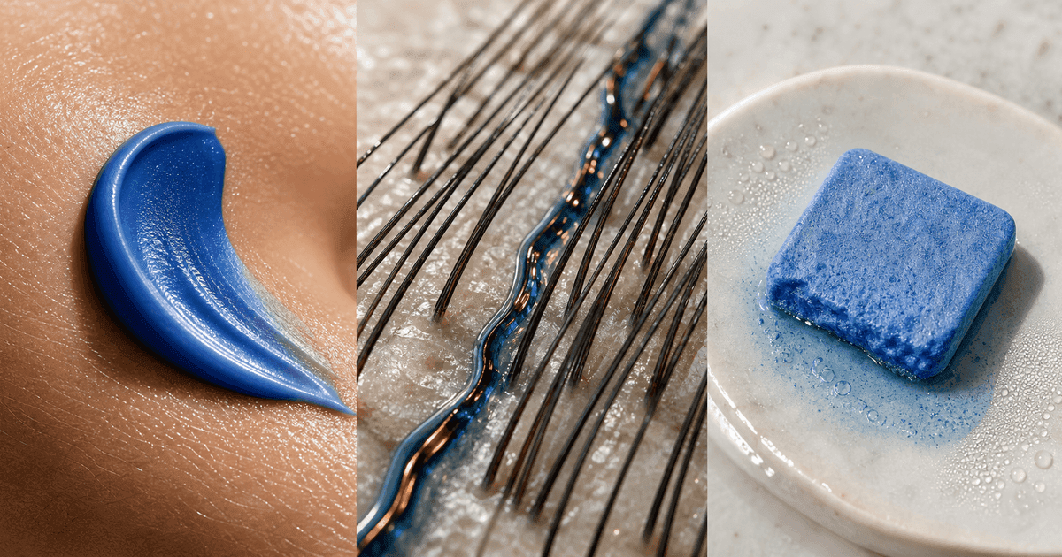 Cobalt cream on skin, copper-blue liquid among hair fibers, and a dissolving blue square