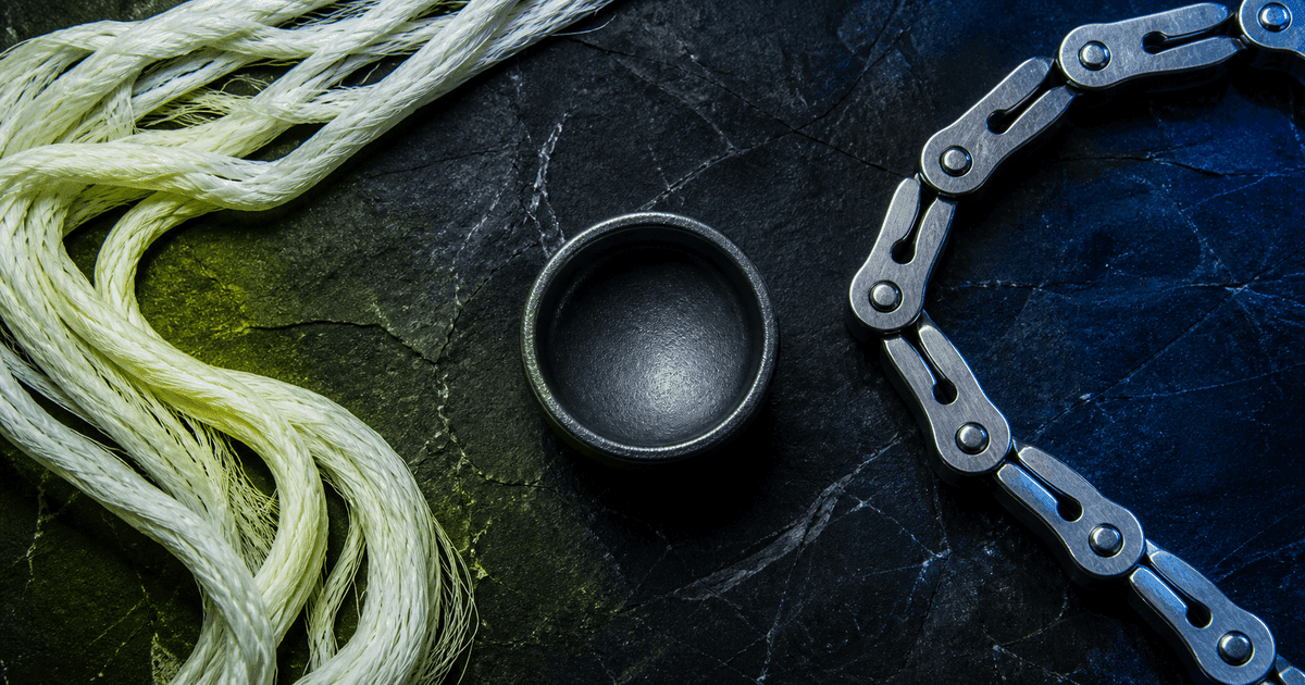 Collagen-like fibers and an articulated chain remain separate around an empty mixing well.