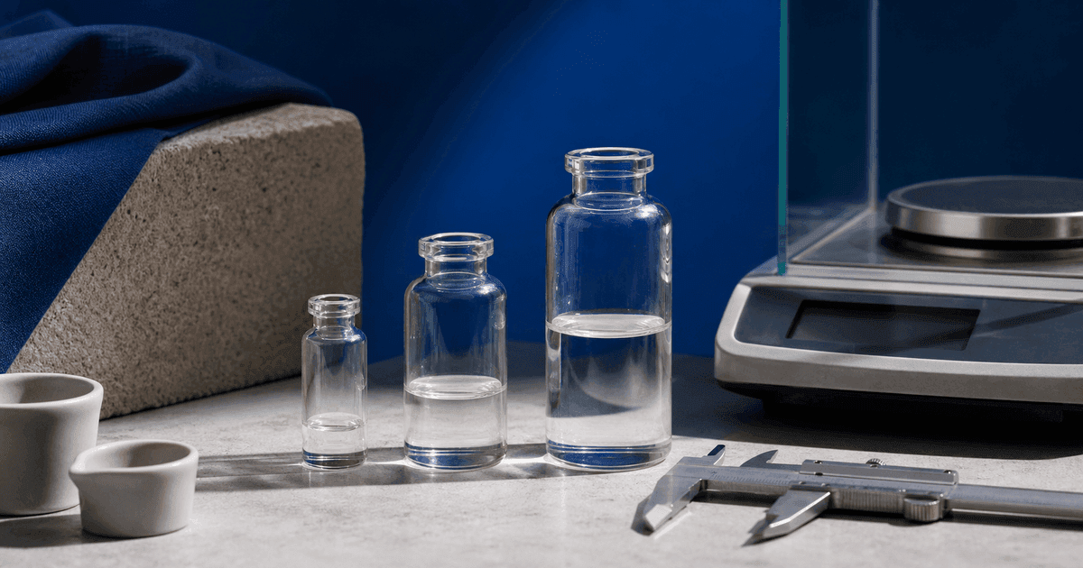 Unlabeled glass containers of different sizes stand beside a precision scale and calipers.
