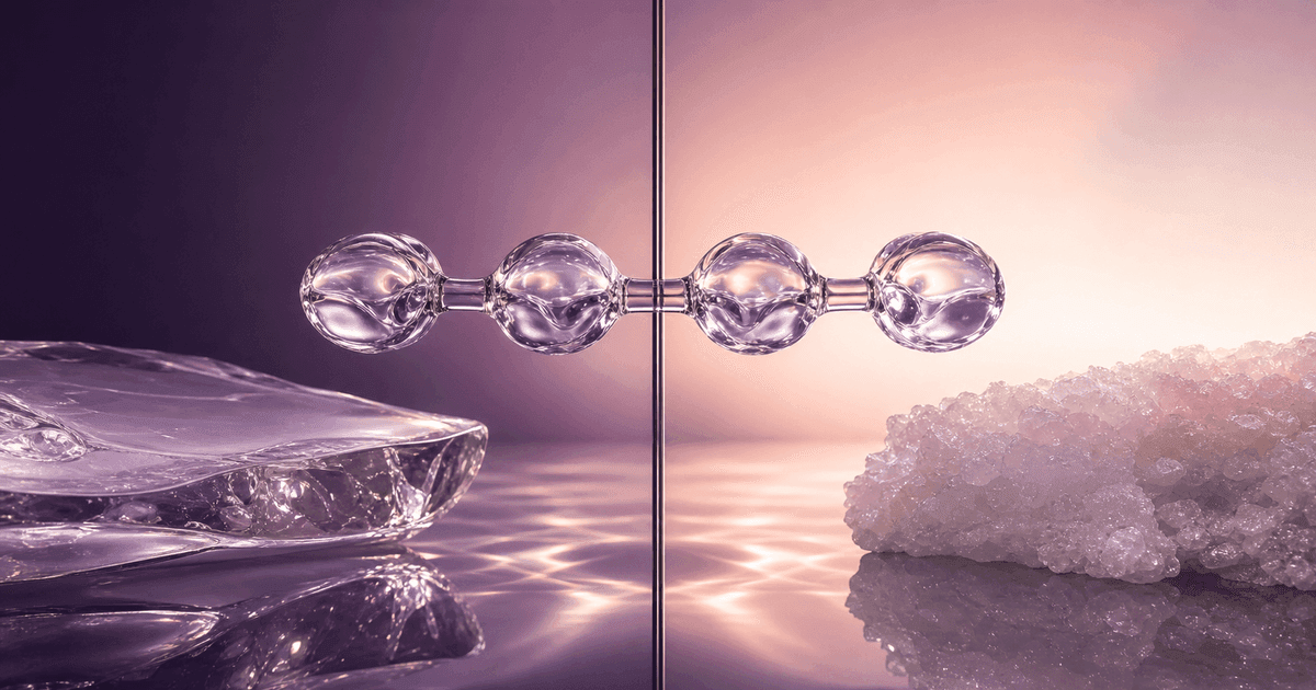 One four-unit lavender glass chain crosses a mirror above smooth glass and crystalline mineral surfaces