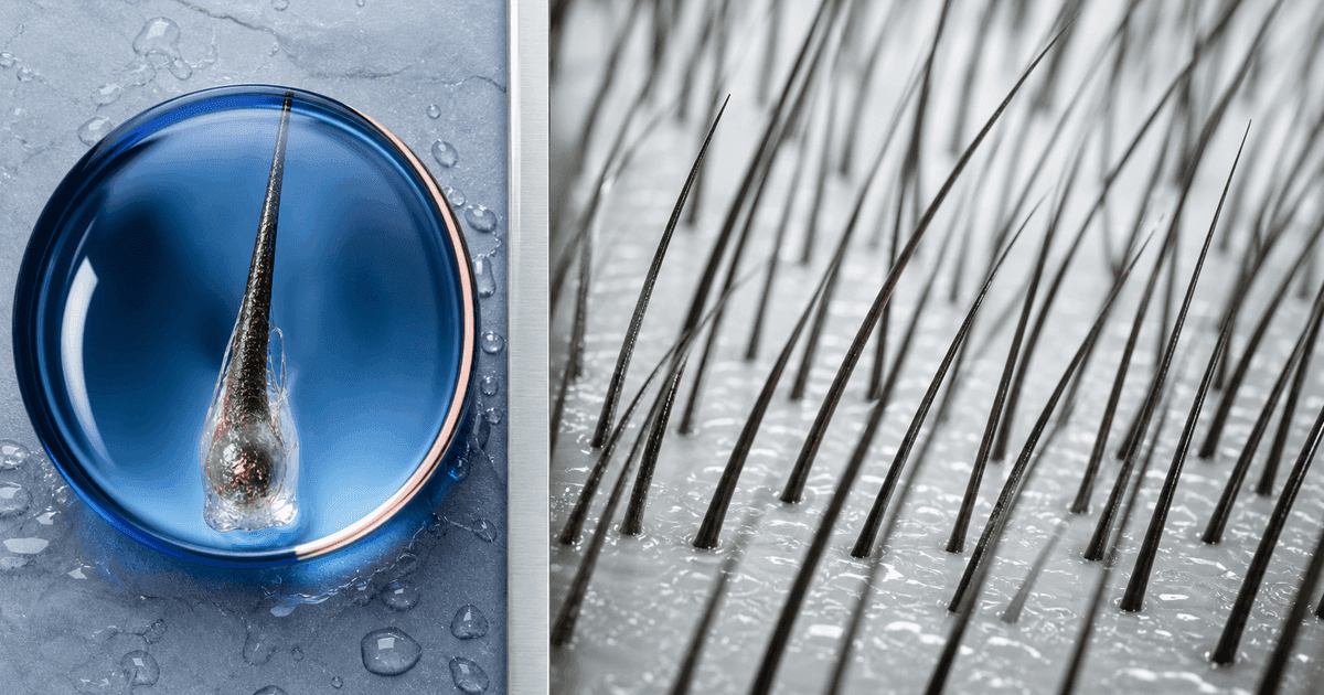 Single hair follicle under cobalt glass beside a wider field of scalp hair fibers