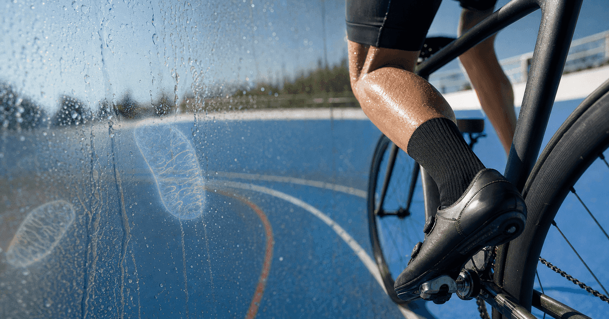 Cyclist's leg drives a pedal beside mitochondria reflected in rain-speckled glass