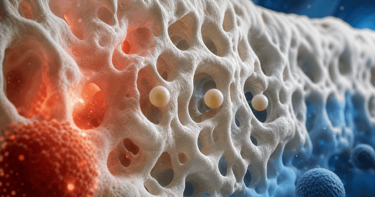 Three ivory forms move through a porous membrane from a warm red field into cool blue.