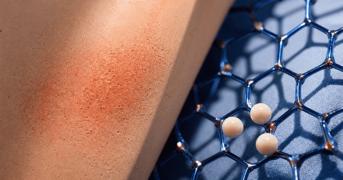 A copper-blue lattice and three ivory forms meet a warm skin-like surface with diffuse redness.