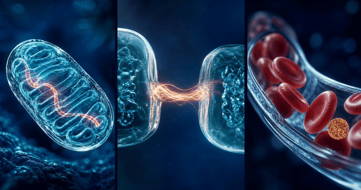 Glass mitochondrion, cellular transfer signal, and red blood cells form three separate energy-biology panels