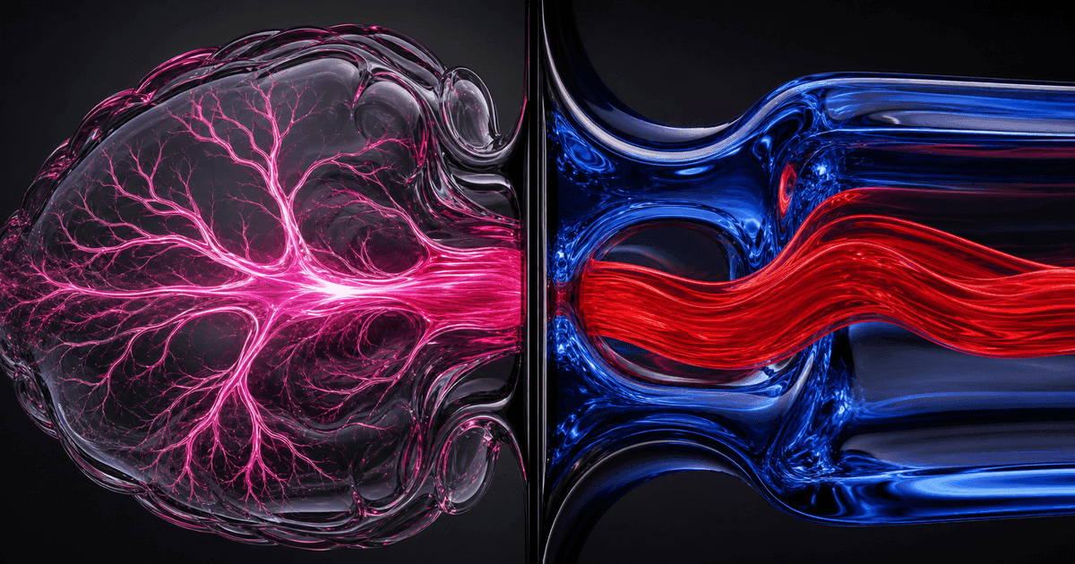 Magenta neural signal beside a red arterial flow form, contrasting desire with blood flow
