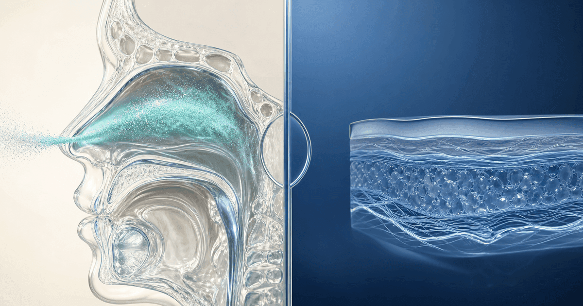 Mineral mist enters a glass nasal passage beside a separate unlit skin-tissue route