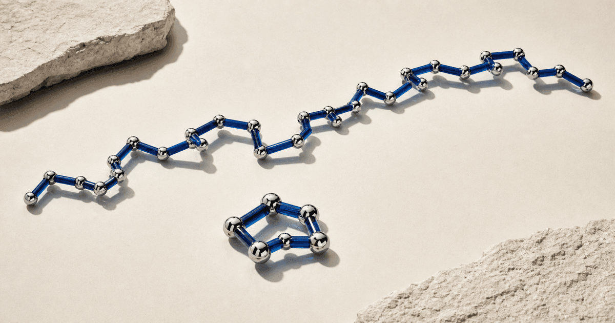 A short seven-link structure sits apart from a much longer molecular chain.