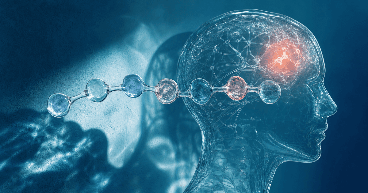 Seven glass peptide units cross a translucent head silhouette with one coral brain-network focal point