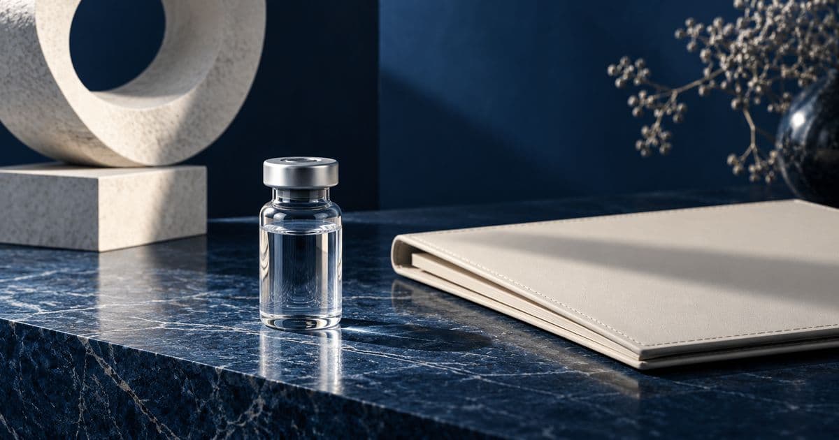 Unmarked research vial and clinical folder on blue stone