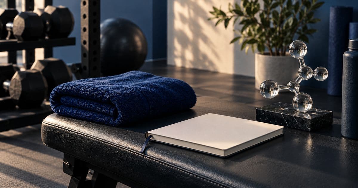 Training towel and notebook beside a glass molecular sculpture