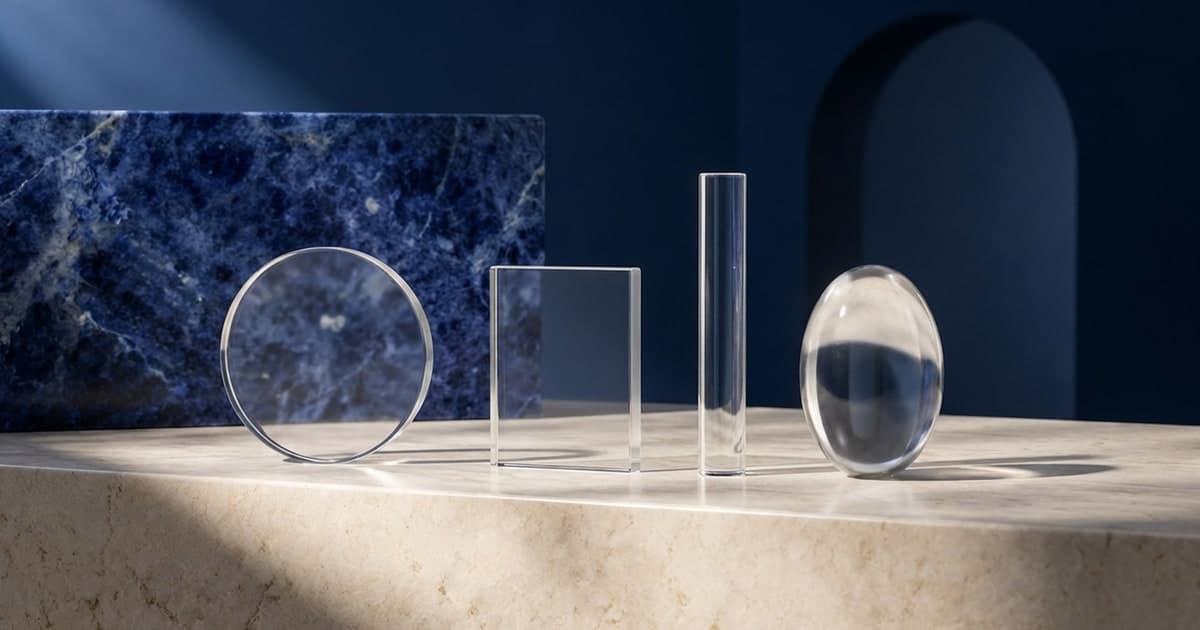 Four clear glass forms of different shapes on a travertine ledge beside blue sodalite