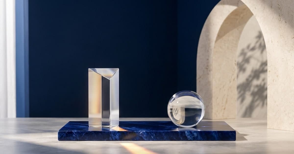 A clear glass prism casting warm light beside a glass sphere on a blue sodalite slab