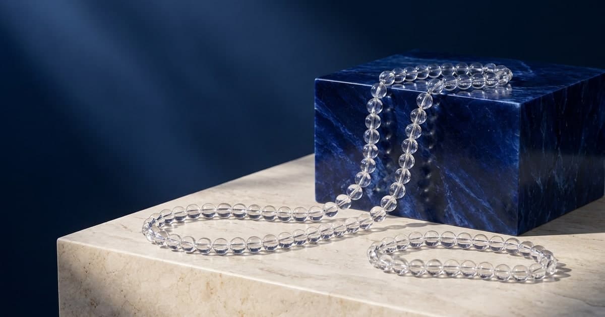 Strands of clear glass beads on travertine beside a blue sodalite block