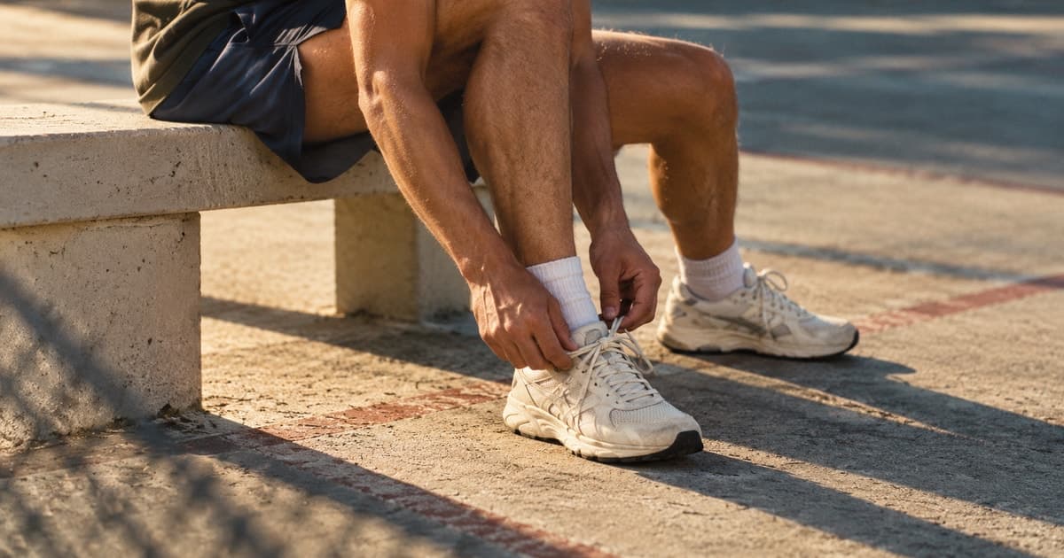 An adult’s hands loosening a trainer beside a sunlit concrete court bench.