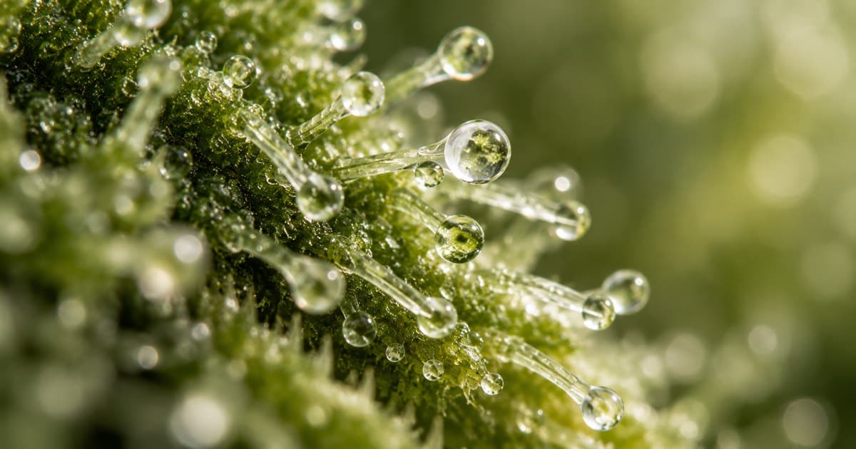 Clear dew beads on fine olive-green botanical filaments in close focus.