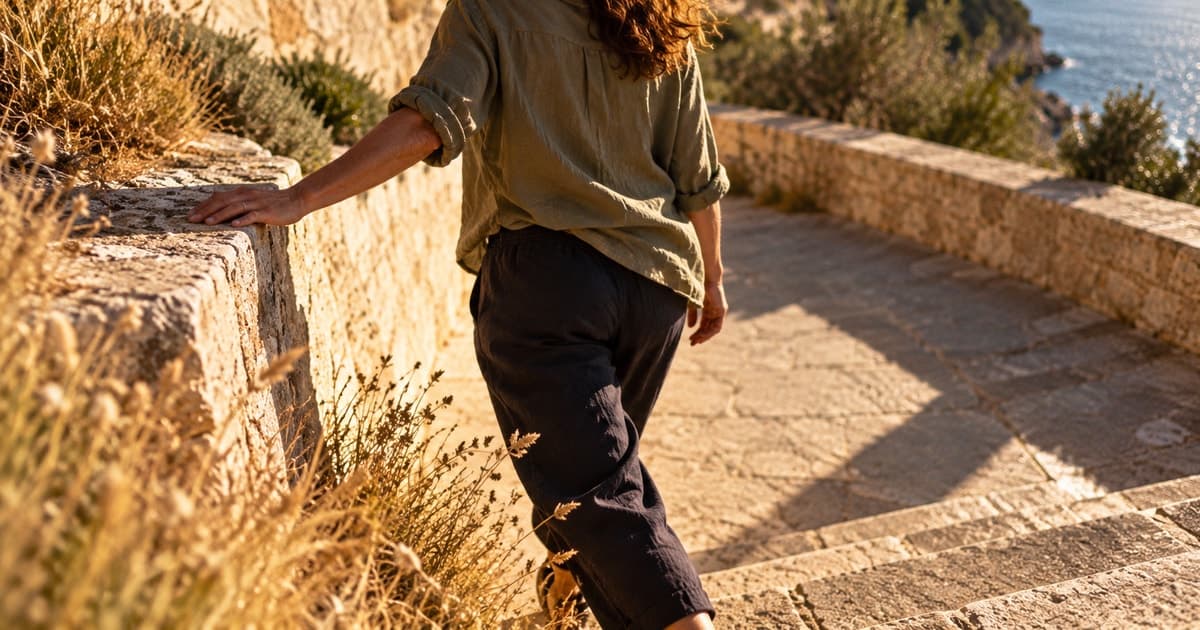 An adult walking through sunlit limestone steps with one hand resting on a rough stone wall.
