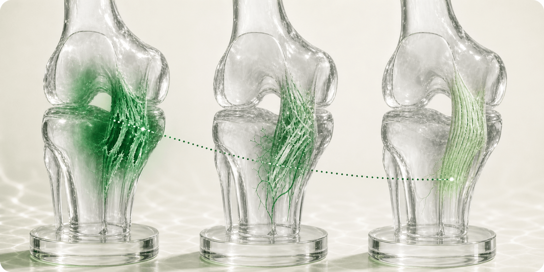 Three translucent knee models illustrate disrupted ligament fibers, vascular and collagen bridging during repair, and denser aligned tissue.