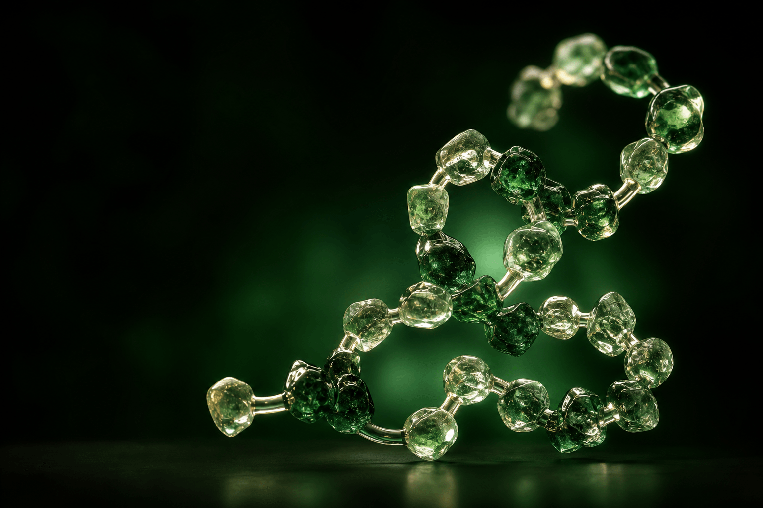 A short sculptural peptide chain rendered in translucent forest-green glass.