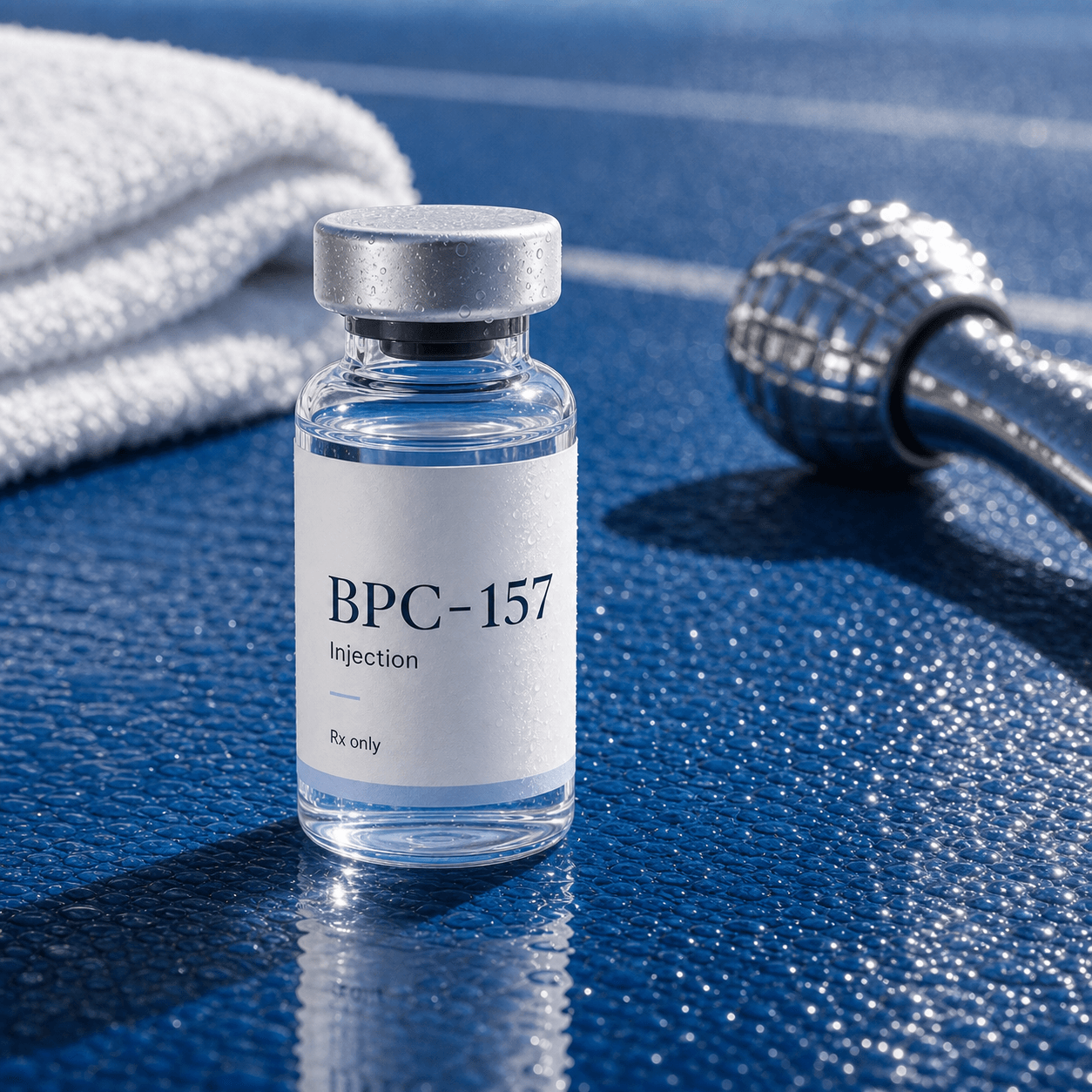 Clear BPC-157 injection vial on a wet cobalt recovery surface with a white towel and chrome massage tool.