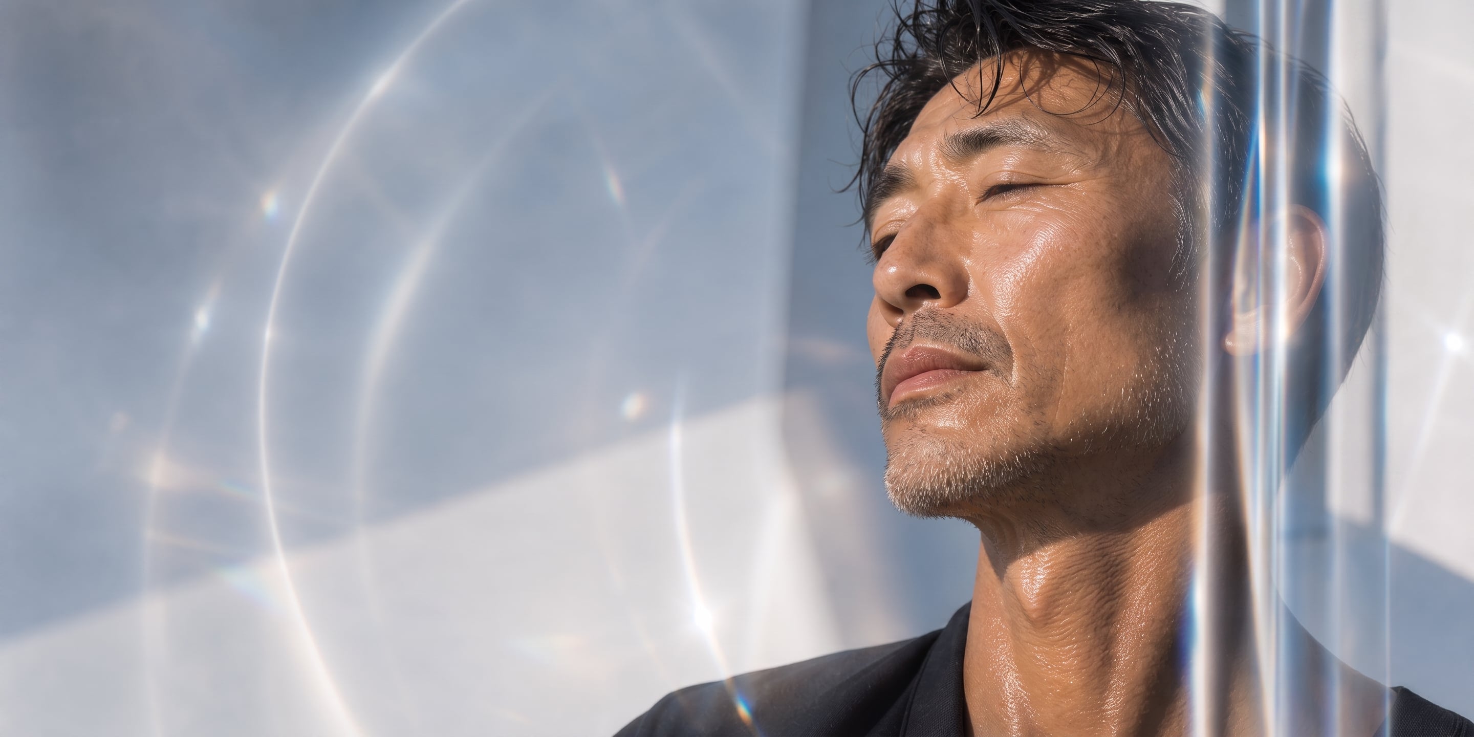 Adult man in black activewear with natural sunlit skin seen through refracted glass for growth hormone support.