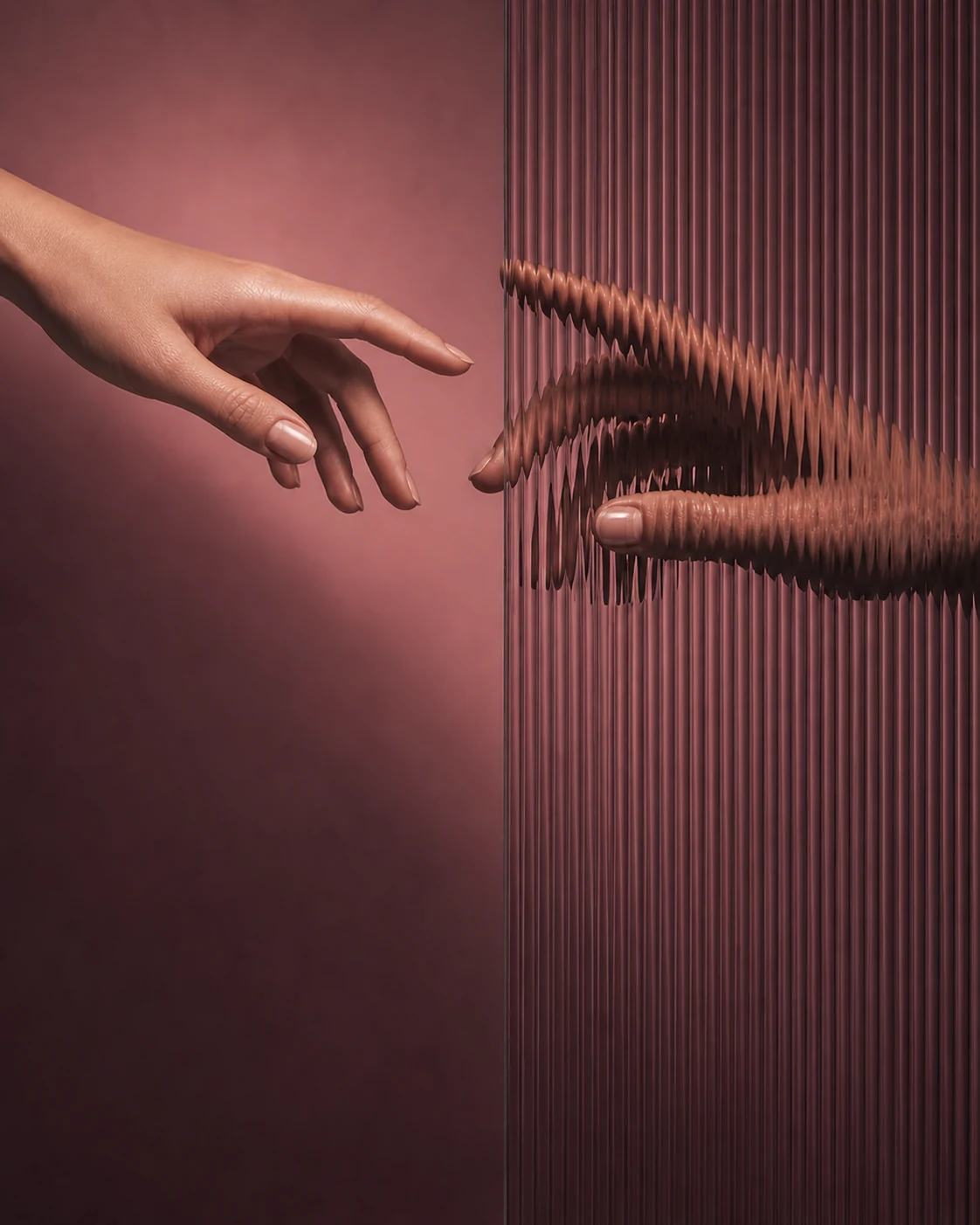 Two feminine adult hands reaching toward one another through hibiscus-pink ribbed glass.