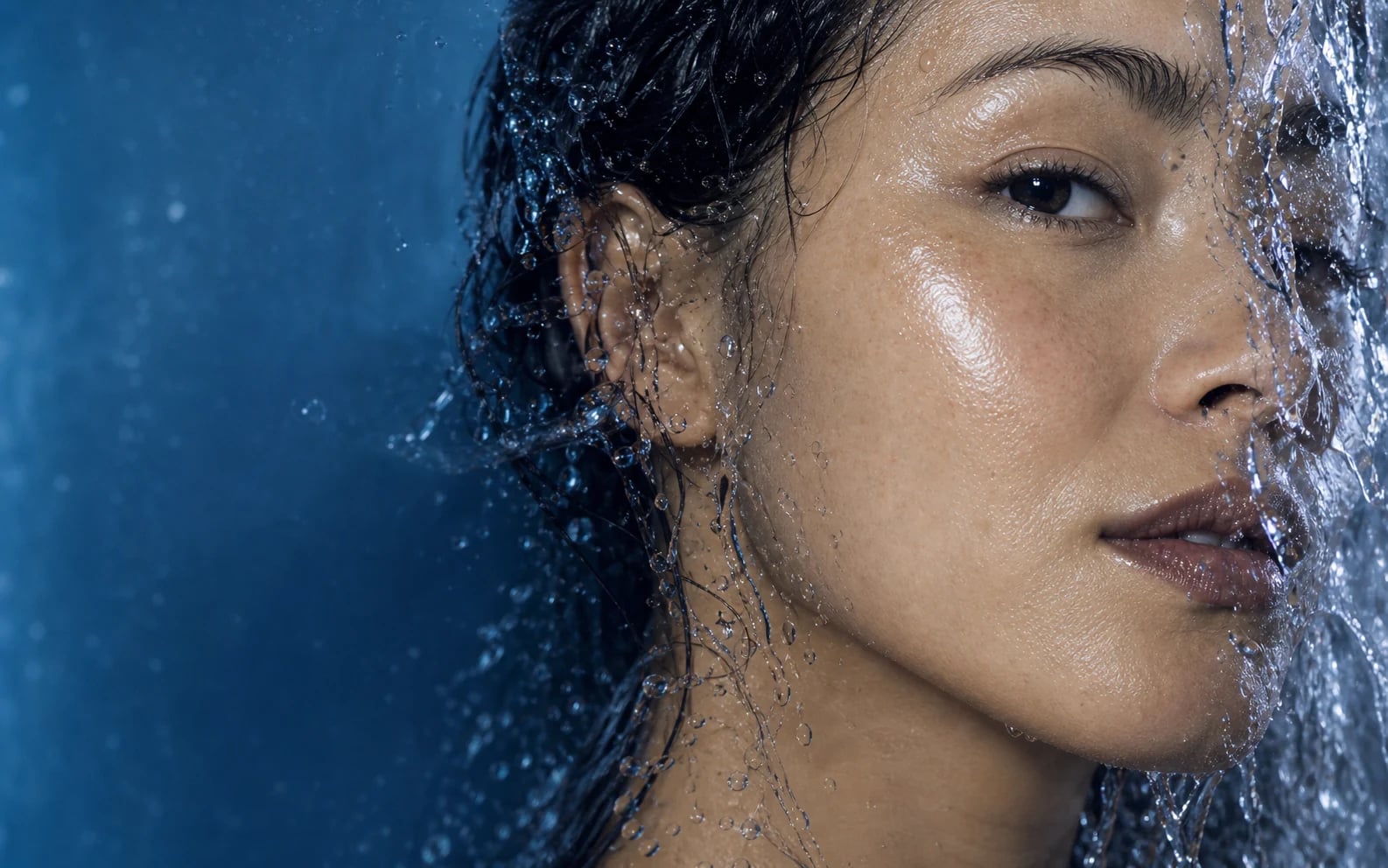 Close portrait of an adult woman with wet hair and natural skin seen through flowing blue water.