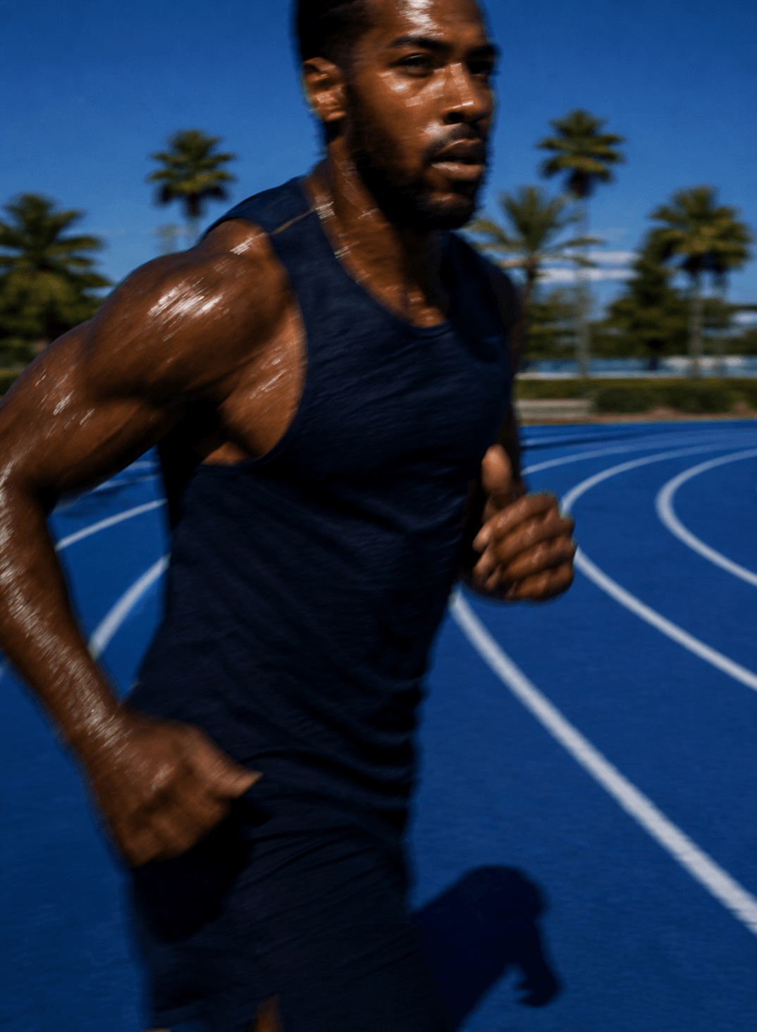 Adult runner training on a blue track.