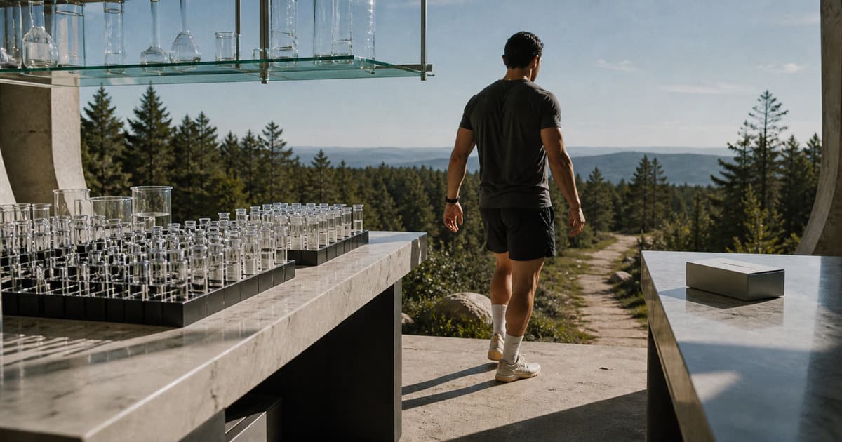 Athlete leaving an open-air testing observatory with many sample tubes on one side and a treatment parcel on the other
