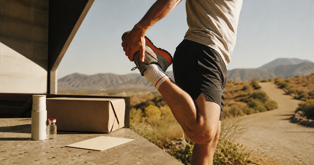 Runner stretching beside an unlabeled cream pump, treatment vial, appointment card, and delivery box