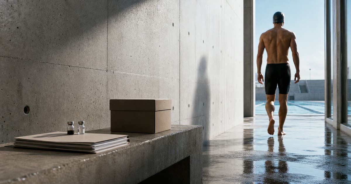 Swimmer walking toward an outdoor pool beside an unlabeled lab folder, vials, and treatment box