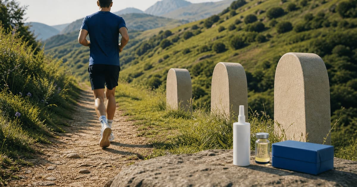 Runner passing three stone plan markers beside unlabeled nasal spray, vial, and treatment box
