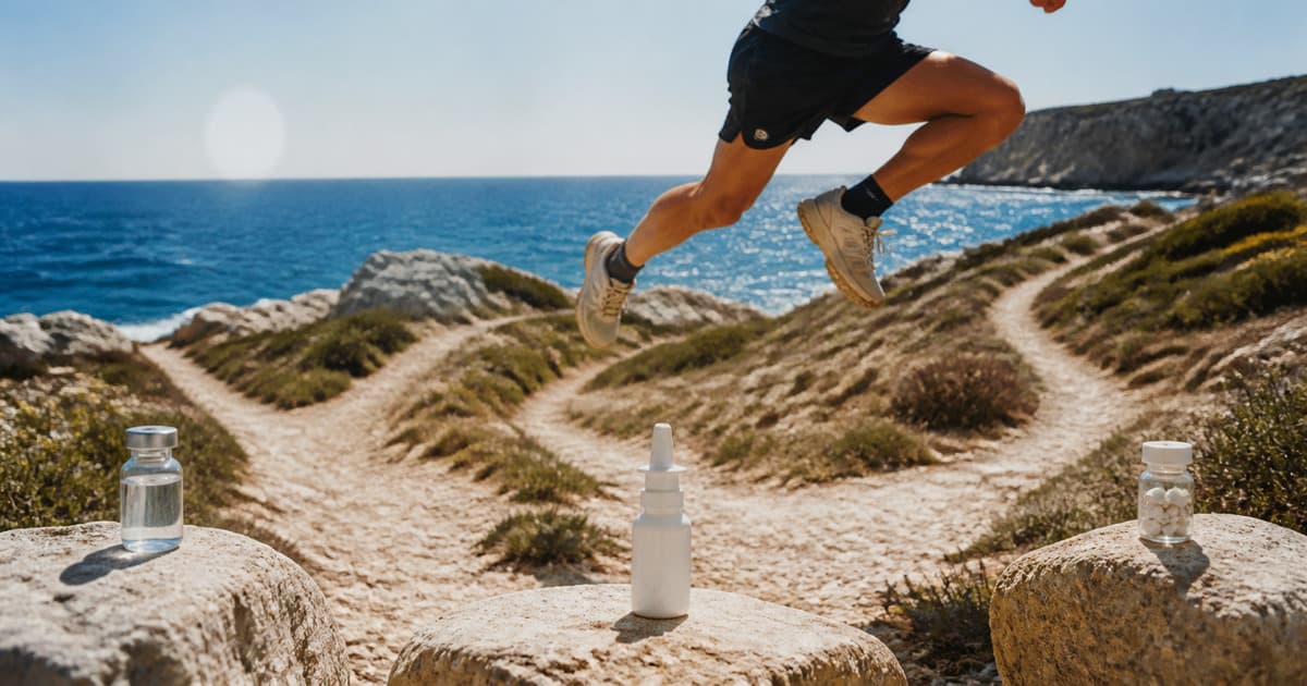 Athlete jumping across three coastal paths beside unlabeled Sermorelin vial, nasal spray, and troche bottle