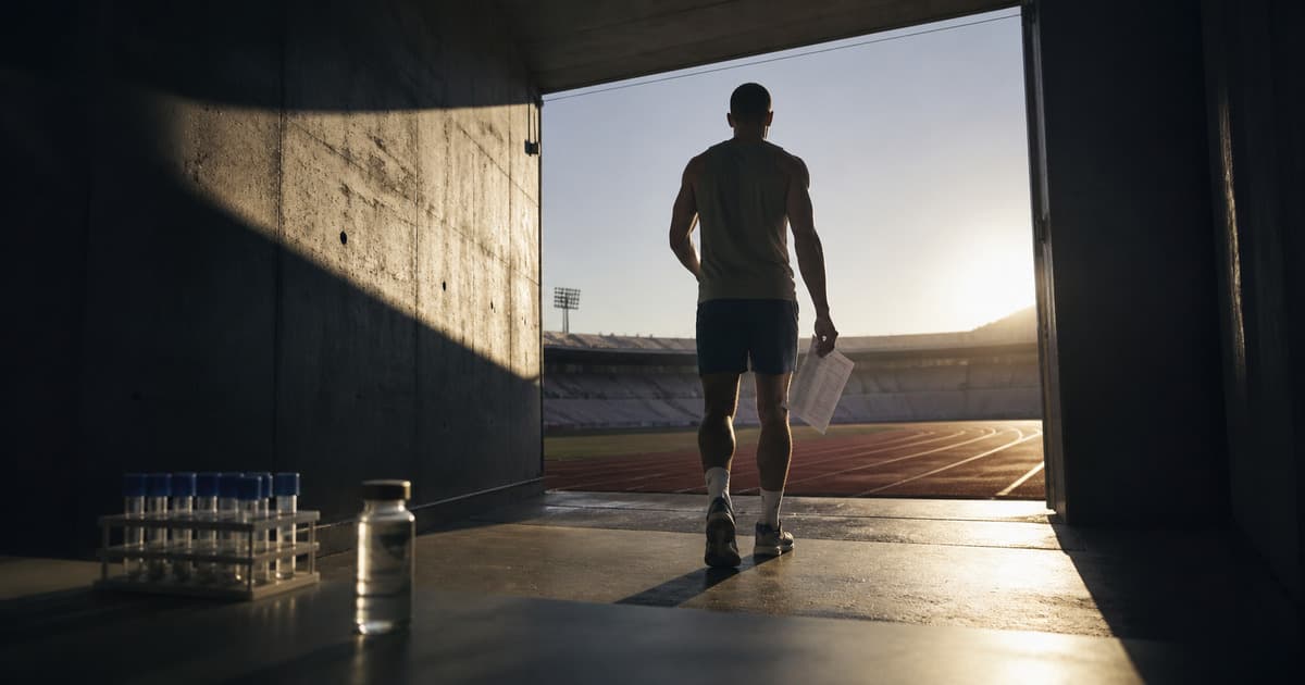 Athlete entering a sunlit stadium with a lab report beside an unlabeled vial and sample rack