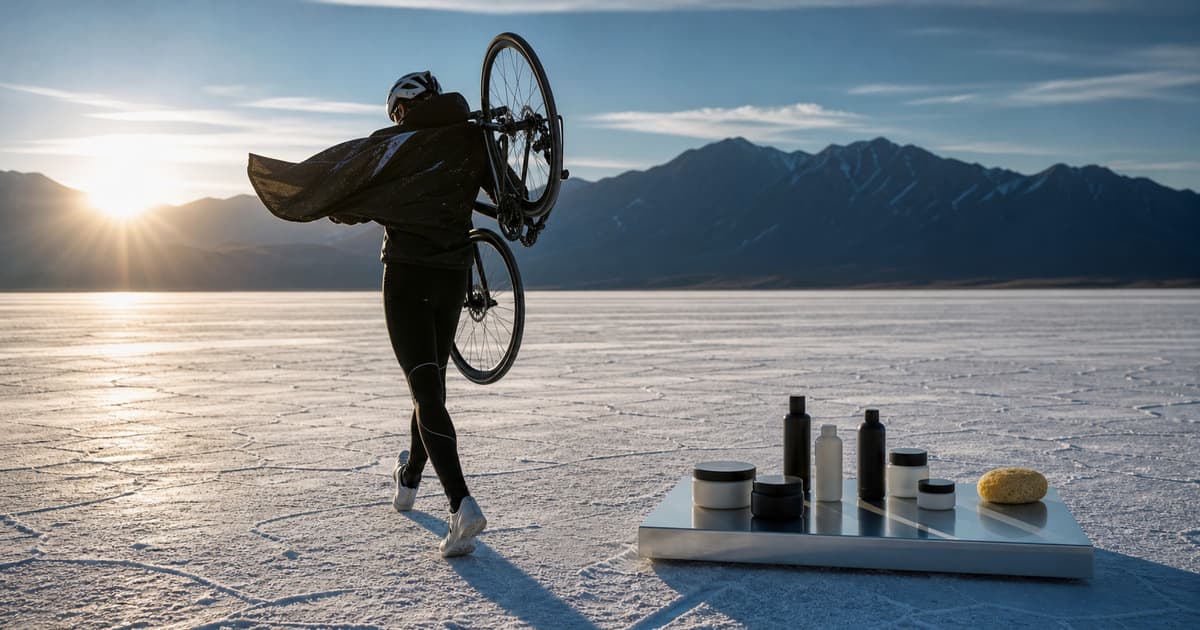 Cyclist crossing a white salt flat beside a disciplined grid of unlabeled longevity treatment containers