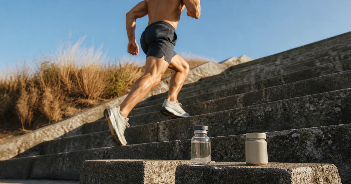 Male athlete bounding up stadium steps beside an unlabeled vial and tablet bottle
